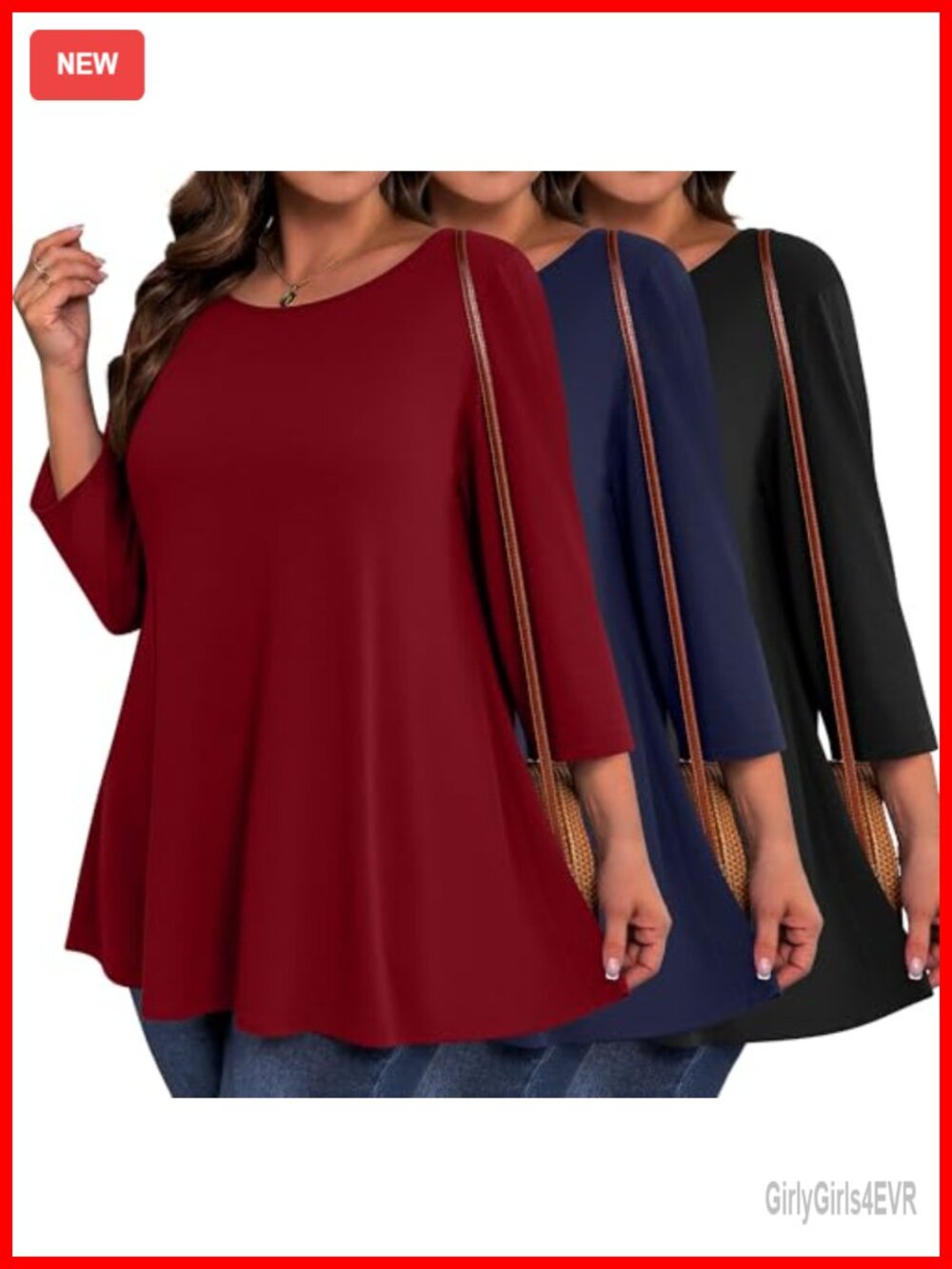 Plus Size Tunic Tops 3/4 Sleeve Loose Fit Swing Shirts 3 Pack
